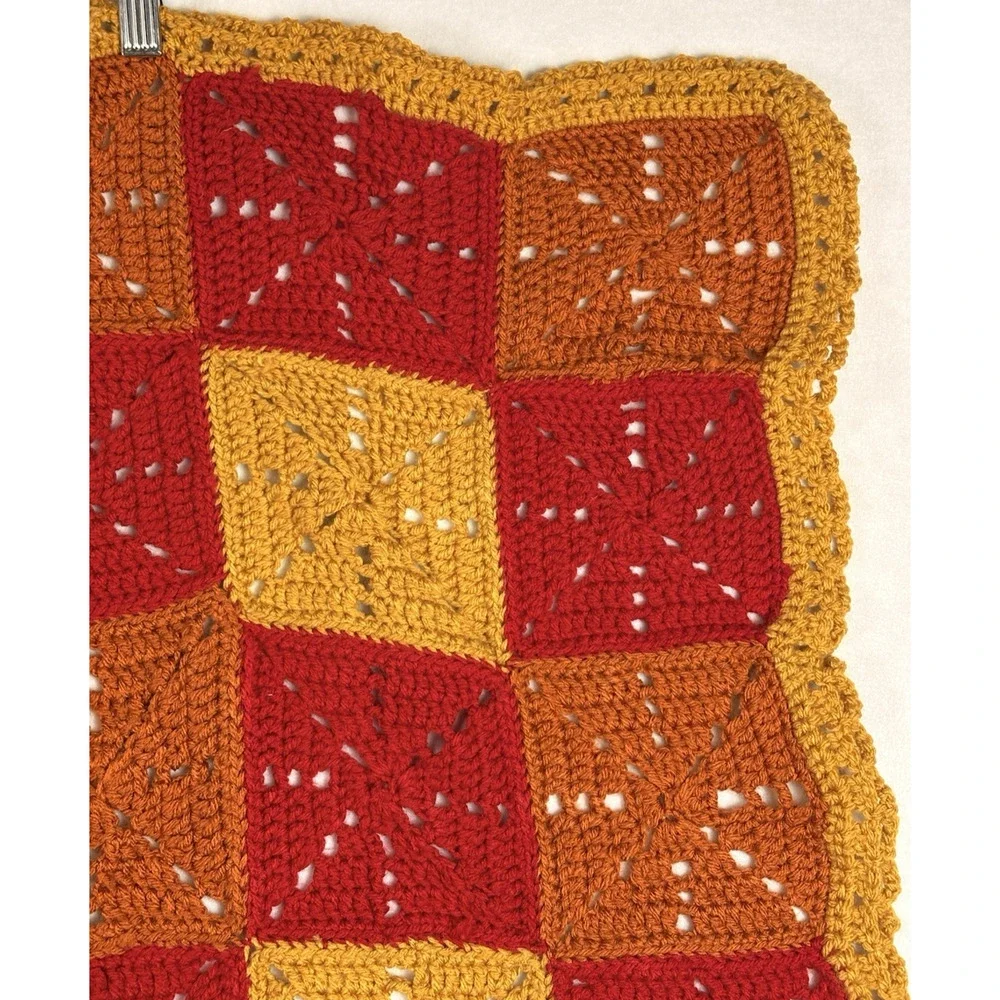 Handmade Crochet Granny Square Patchwork Baby Blanket Retro Red Brown 35